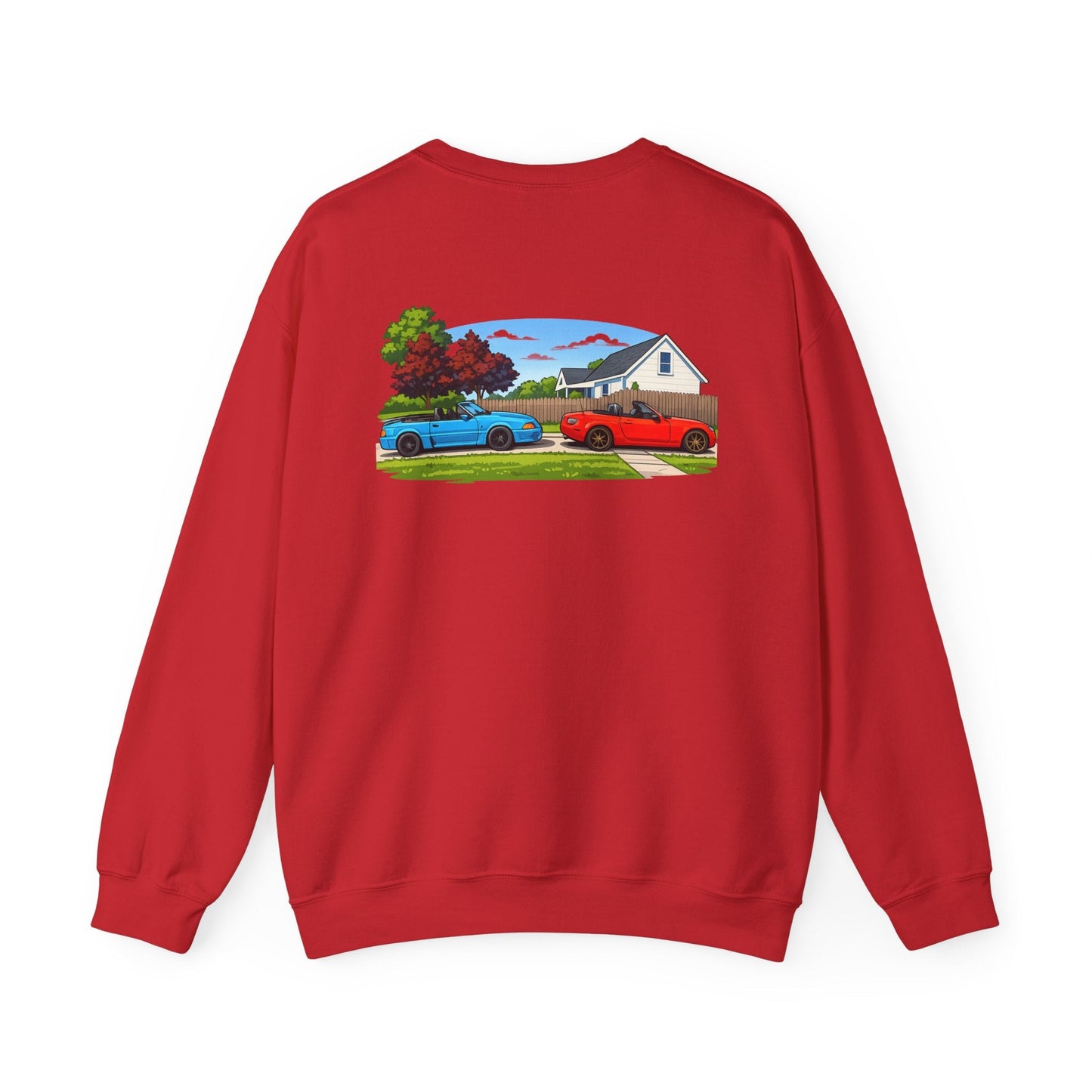 Car Meet Crewneck Sweatshirt — Vintage Muscle Cars Backyard Scene