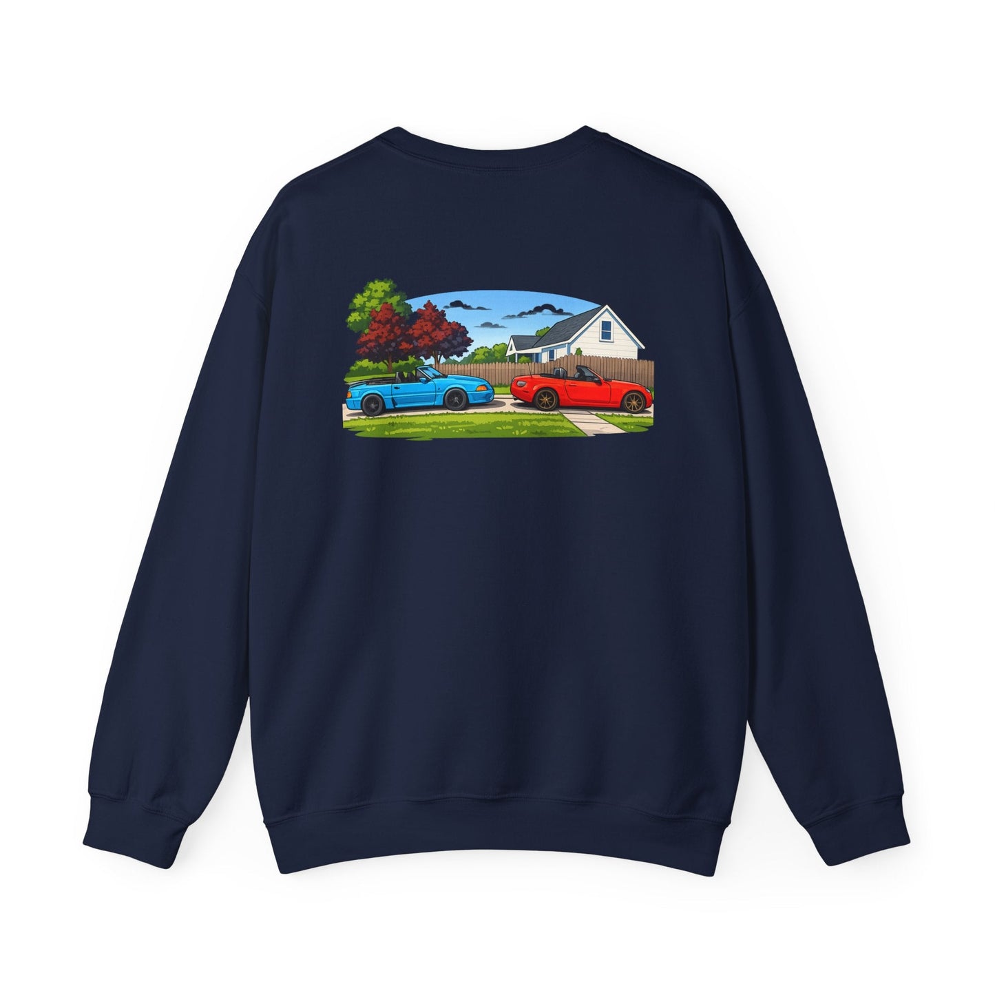 Car Meet Crewneck Sweatshirt — Vintage Muscle Cars Backyard Scene