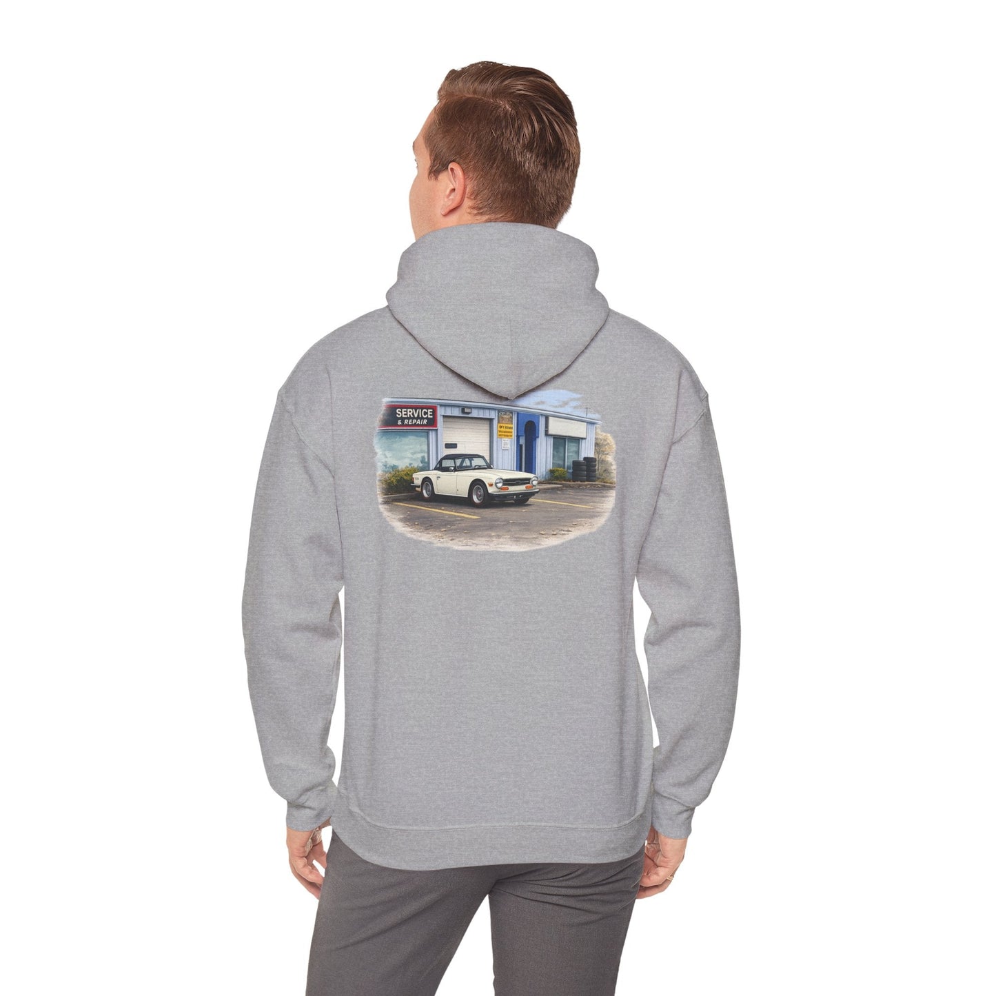 Classic Vintage Car Hooded Sweatshirt – Retro Service Station Graphic Hoodie