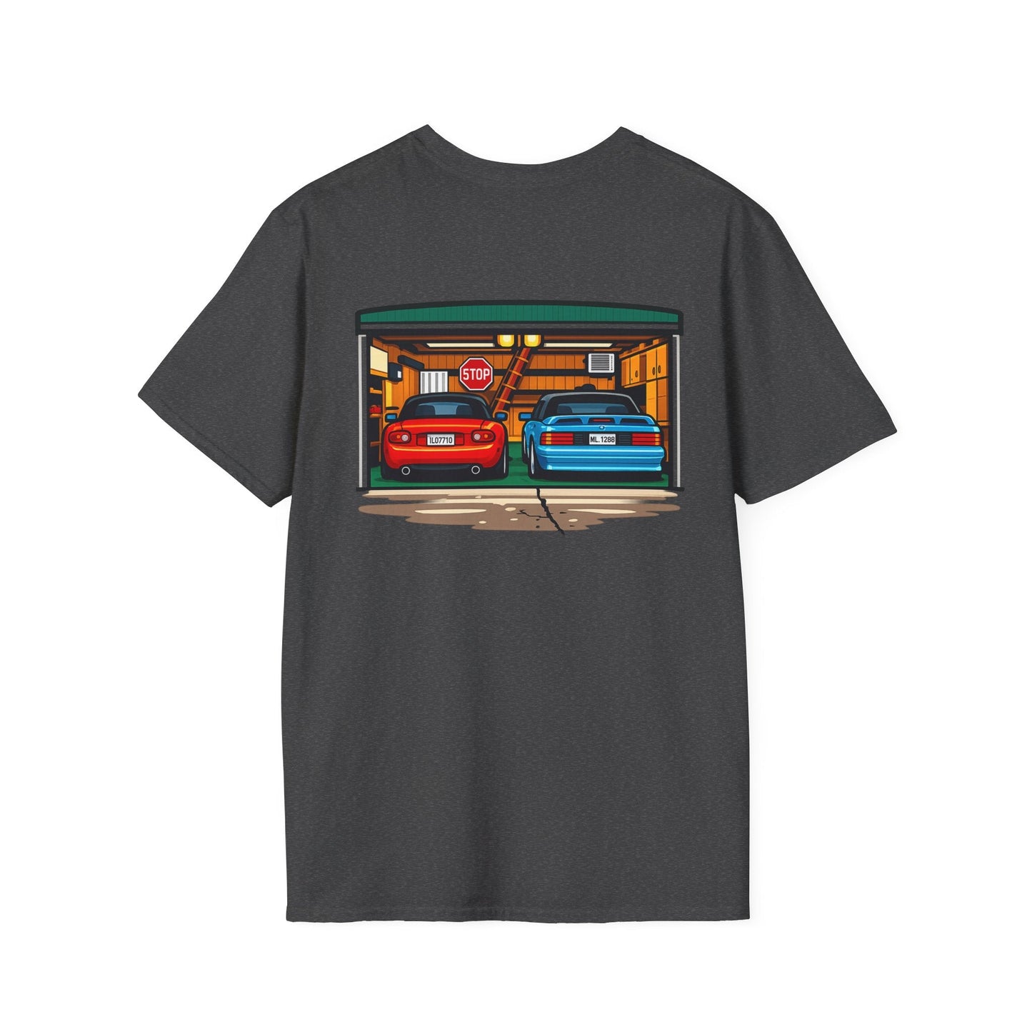 Classic Car Garage T-Shirt — Retro Twin Sports Cars Backprint