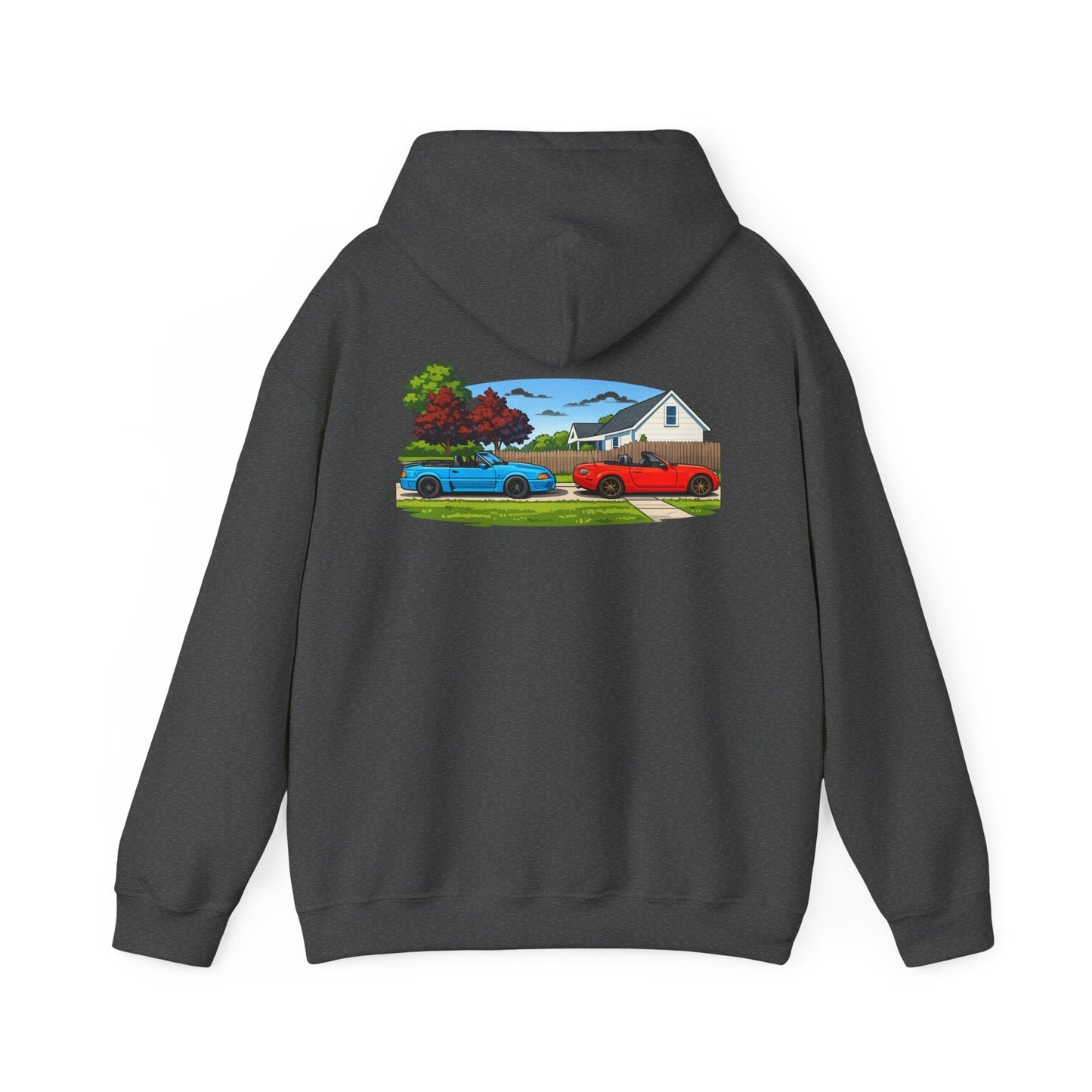 Classic sports cars Hoodie — Vintage Red & Blue Trucks Home Scene