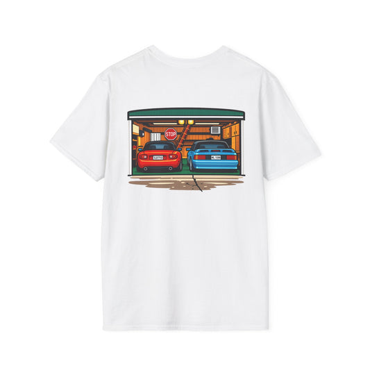 Classic Car Garage T-Shirt — Retro Twin Sports Cars Backprint