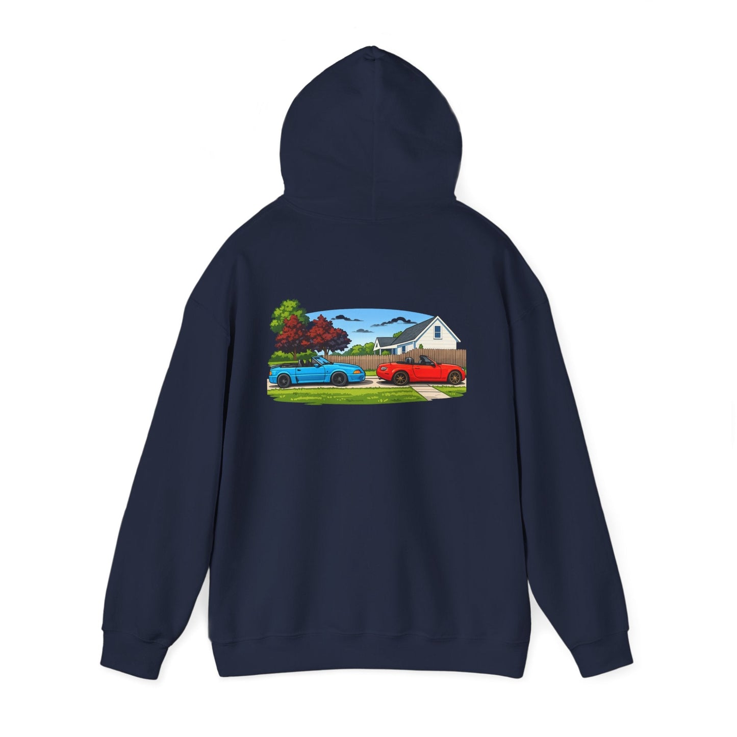 Classic sports cars Hoodie — Vintage Red & Blue Trucks Home Scene