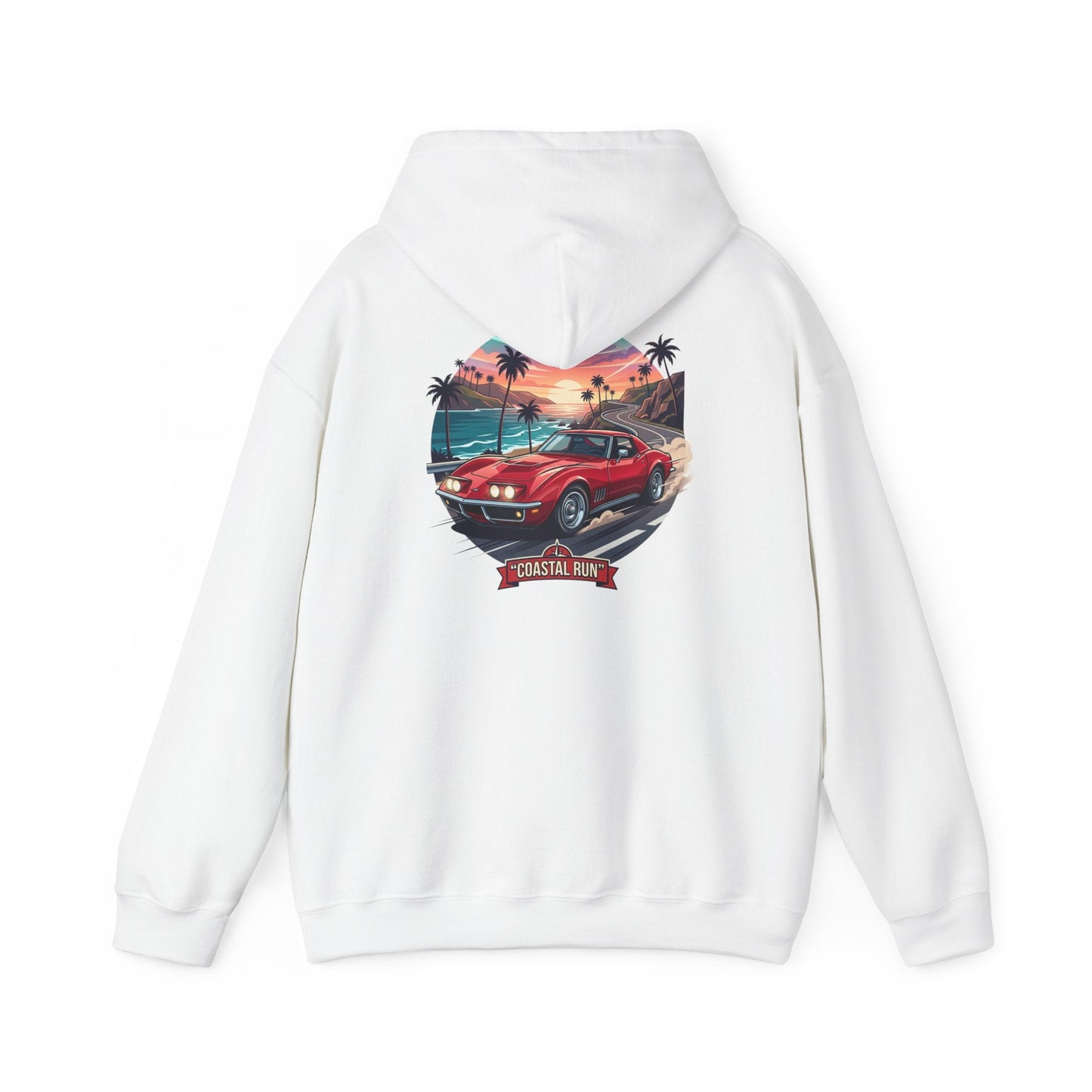 Coastal Run Hoodie — Retro Muscle Car Sunset Graphic