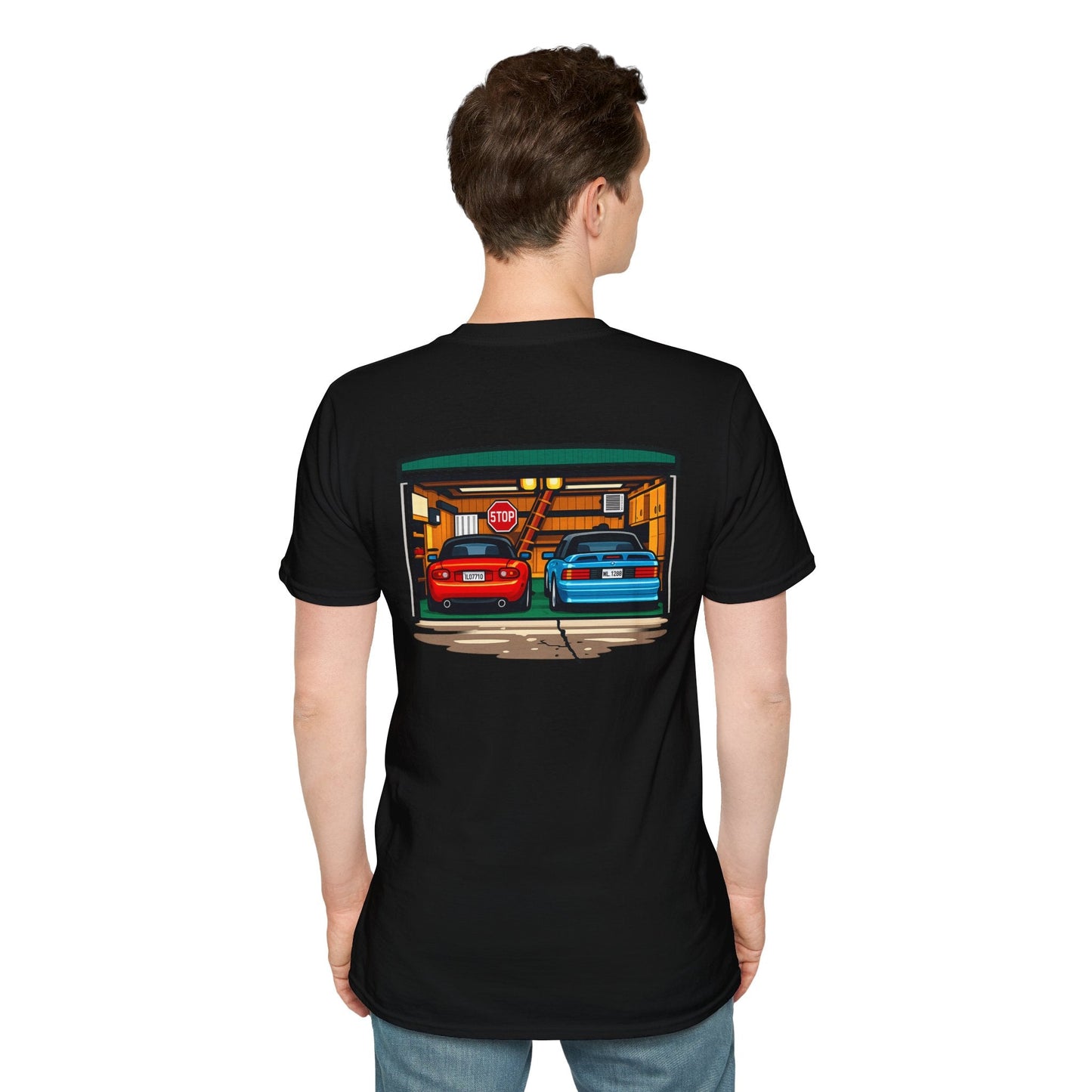 Classic Car Garage T-Shirt — Retro Twin Sports Cars Backprint
