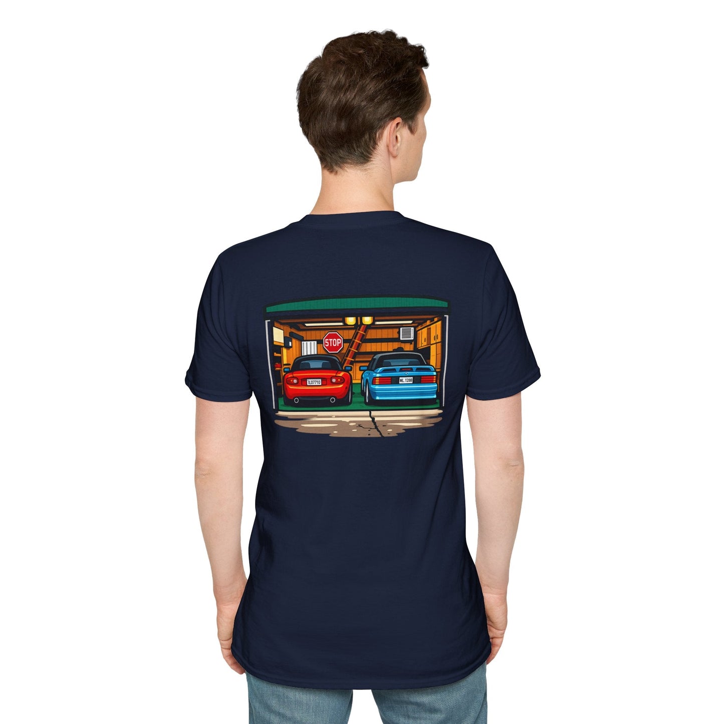 Classic Car Garage T-Shirt — Retro Twin Sports Cars Backprint