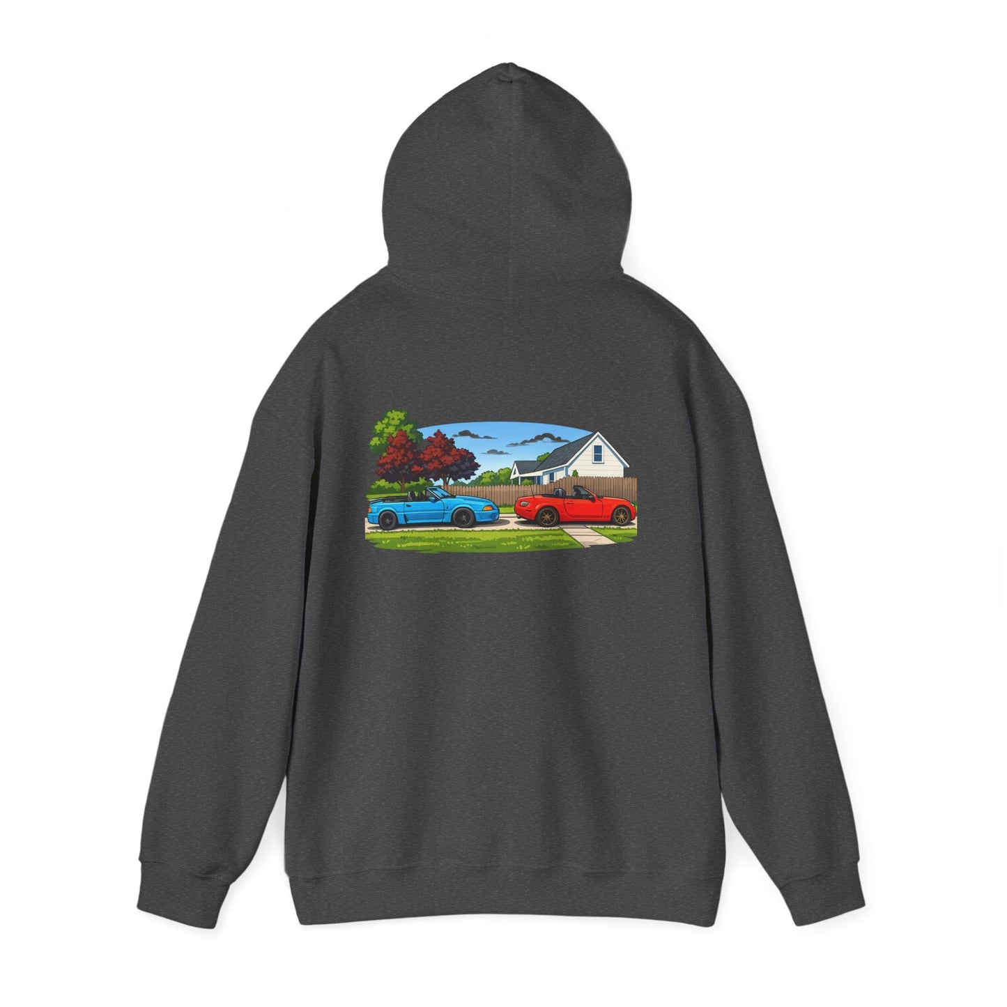 Classic sports cars Hoodie — Vintage Red & Blue Trucks Home Scene