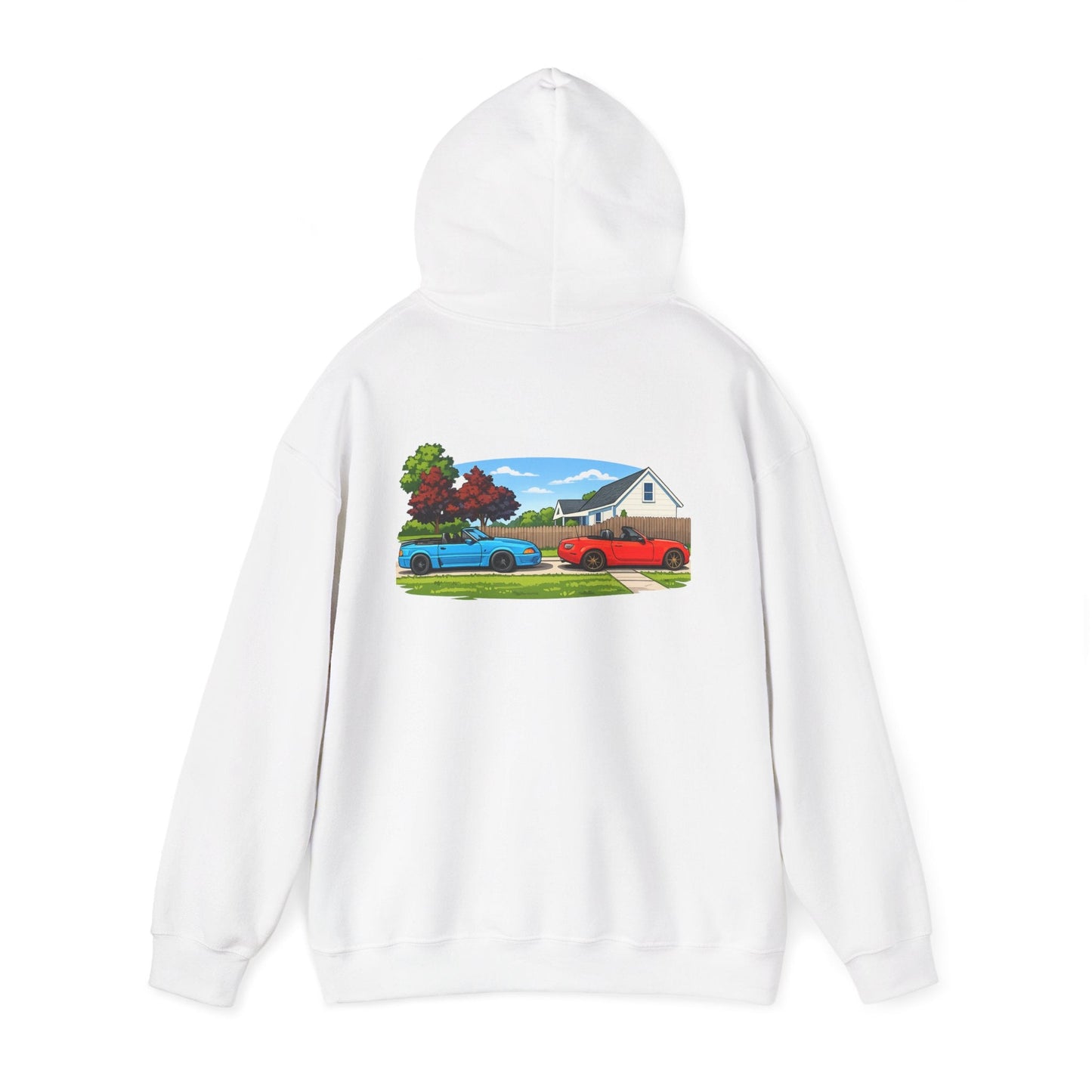 Classic sports cars Hoodie — Vintage Red & Blue Trucks Home Scene