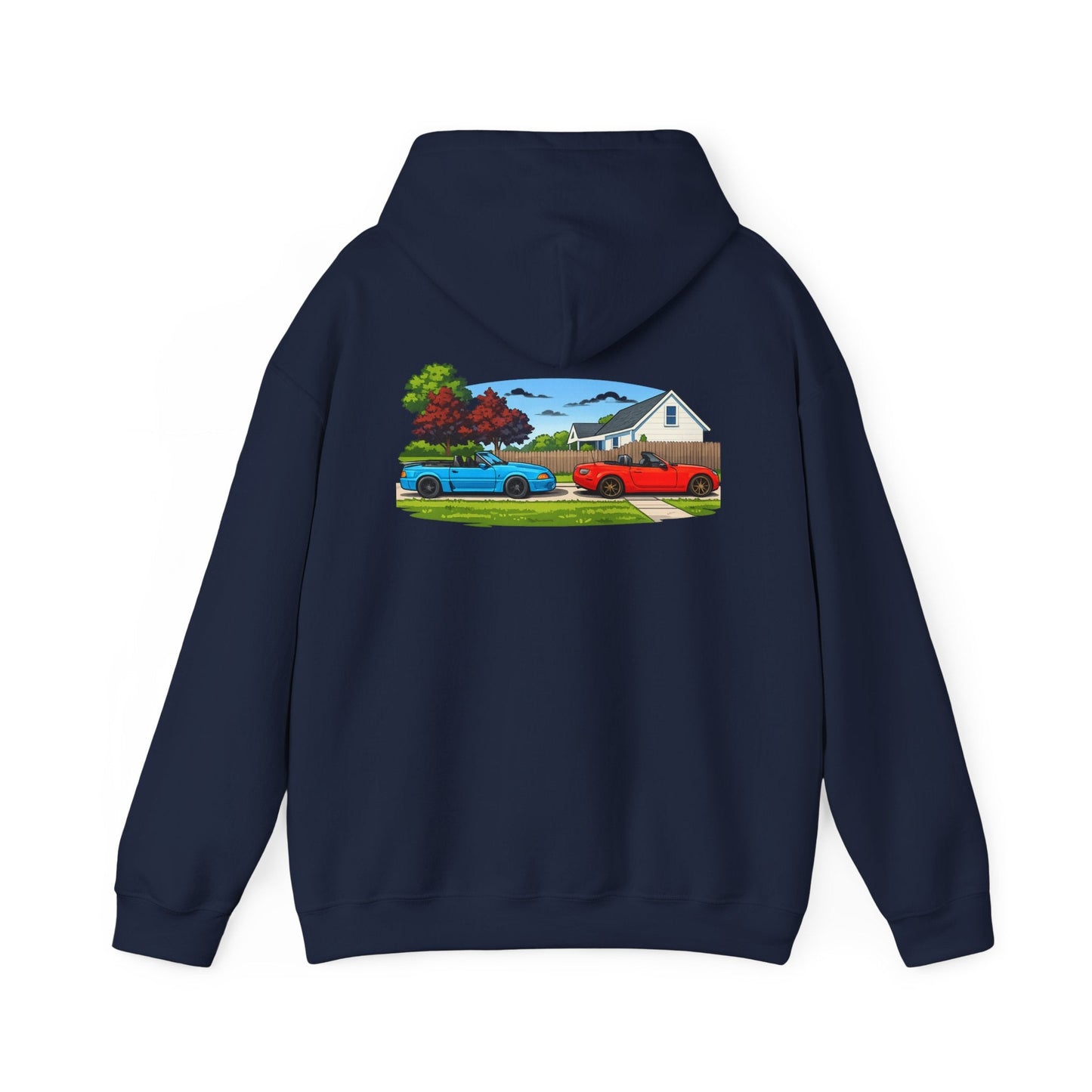Classic sports cars Hoodie — Vintage Red & Blue Trucks Home Scene
