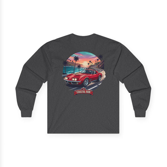 Vintage Muscle Car Long Sleeve Tee — 'Coastal Run' Retro Sunset Graphic