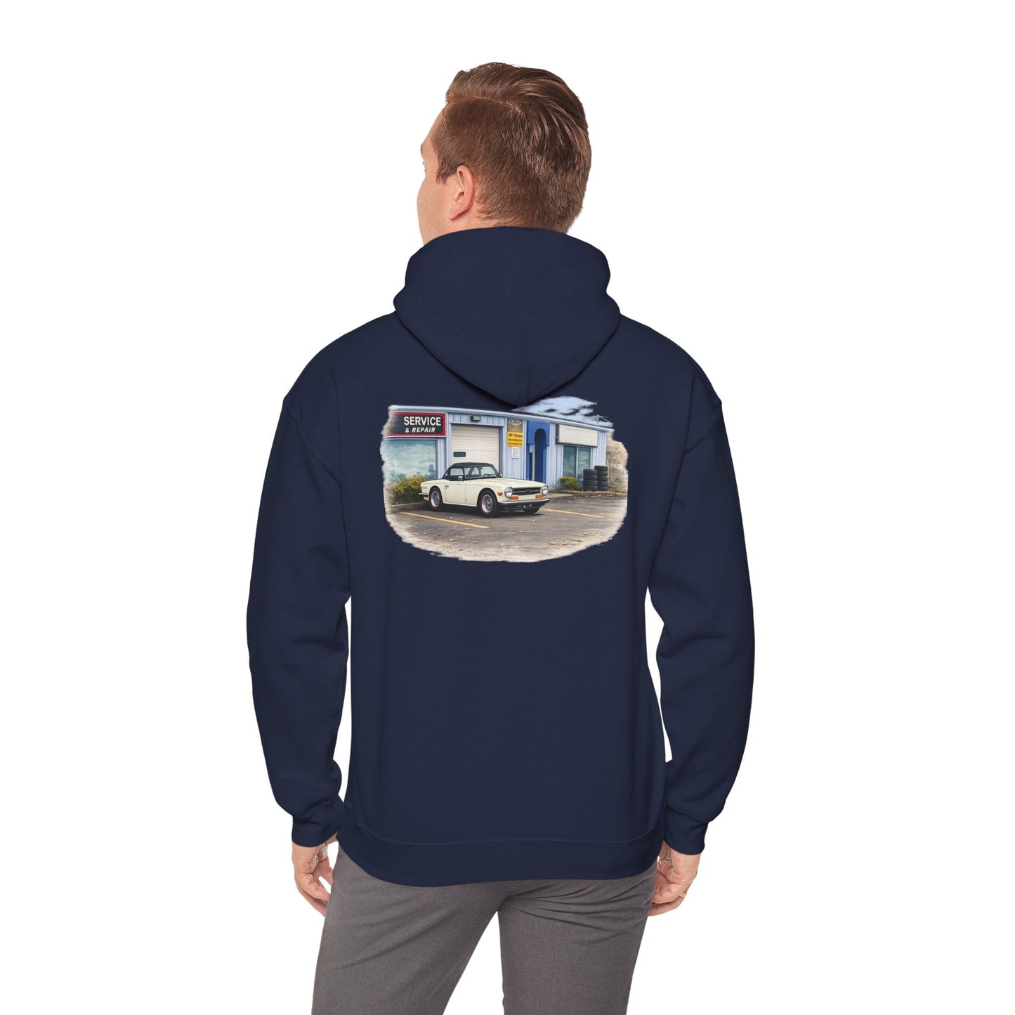Classic Vintage Car Hooded Sweatshirt – Retro Service Station Graphic Hoodie