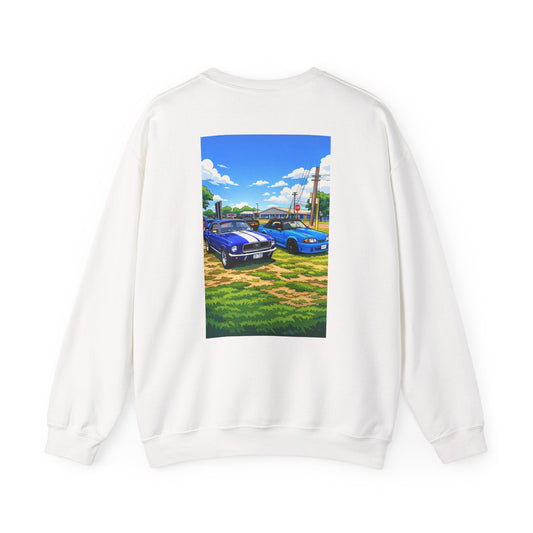 Crewneck Sweatshirt with Classic Car Scenic Back Print – Vintage Muscle Car Artwork