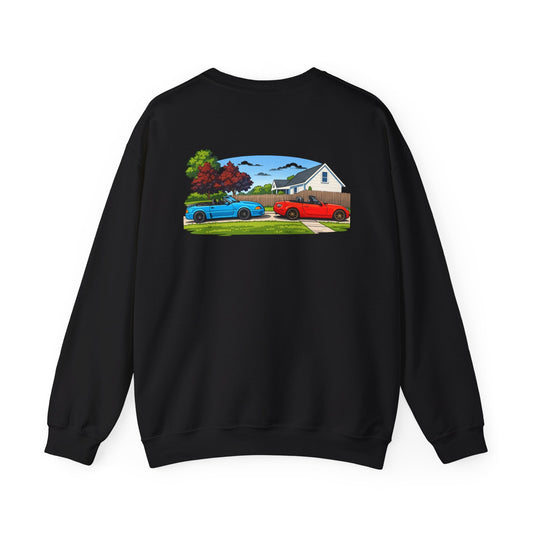 Car Meet Crewneck Sweatshirt — Vintage Muscle Cars Backyard Scene