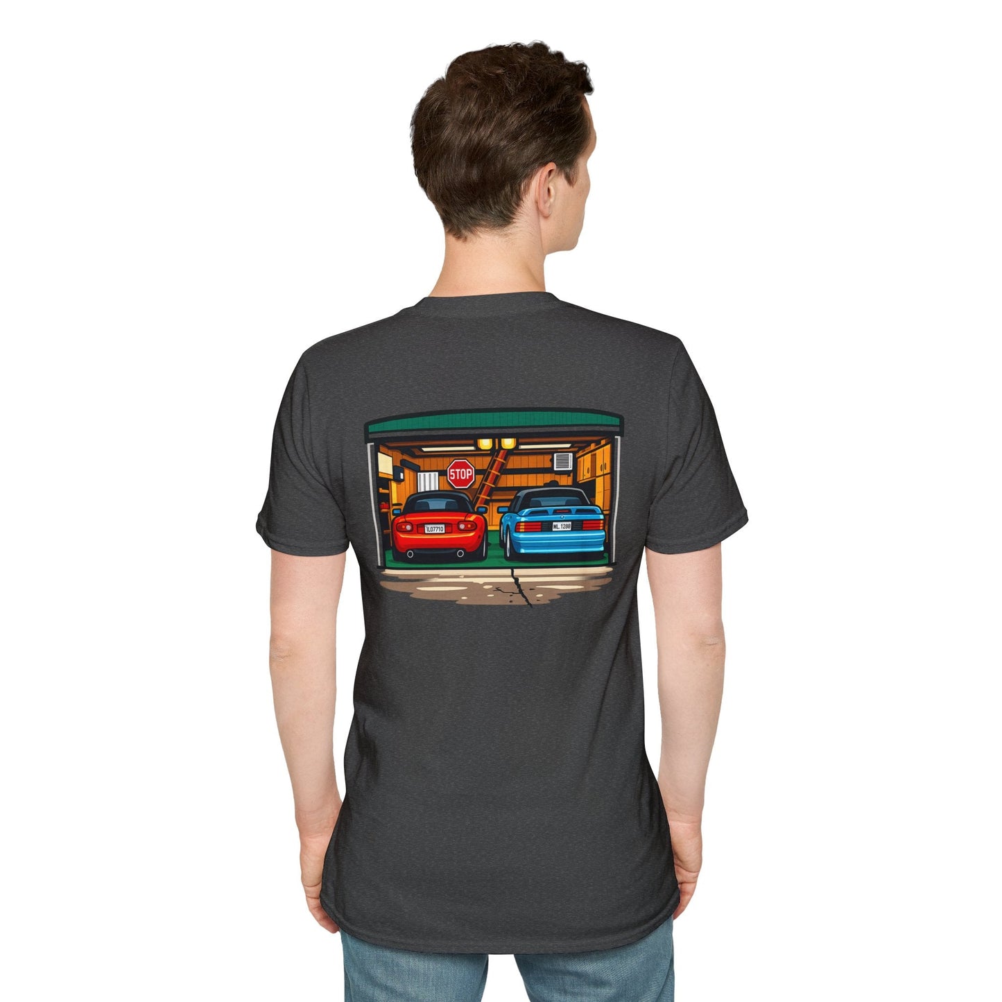 Classic Car Garage T-Shirt — Retro Twin Sports Cars Backprint