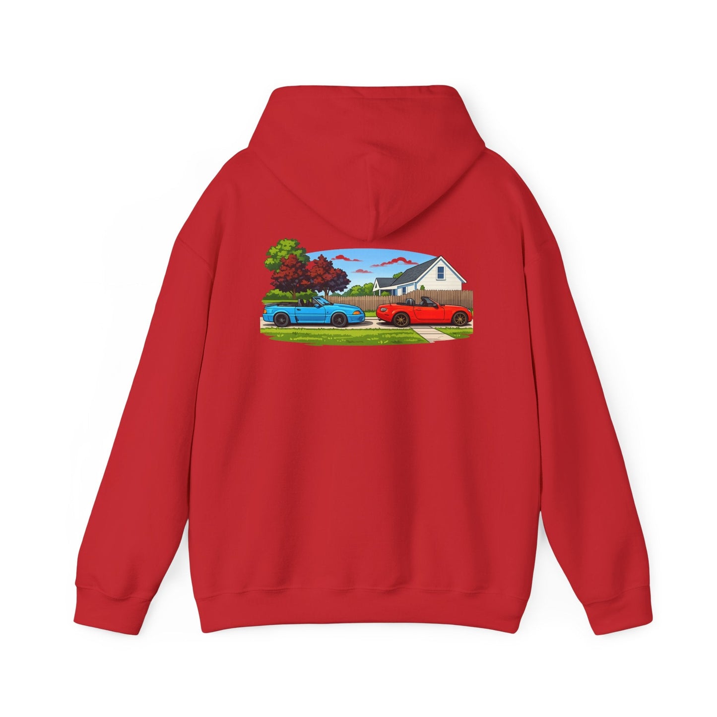 Classic sports cars Hoodie — Vintage Red & Blue Trucks Home Scene