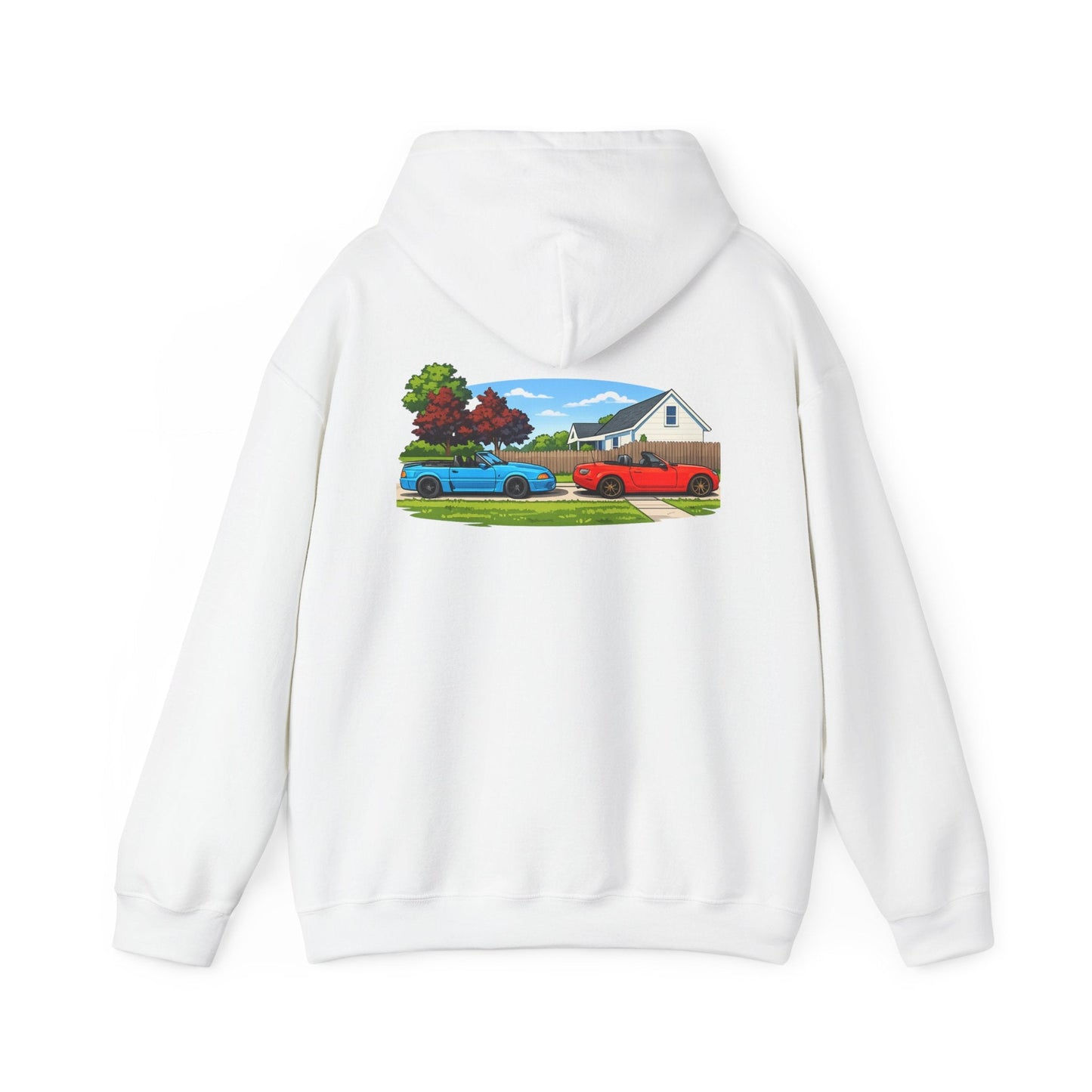 Classic sports cars Hoodie — Vintage Red & Blue Trucks Home Scene