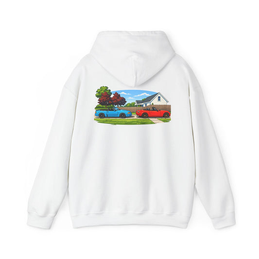 Classic sports cars Hoodie — Vintage Red & Blue Trucks Home Scene