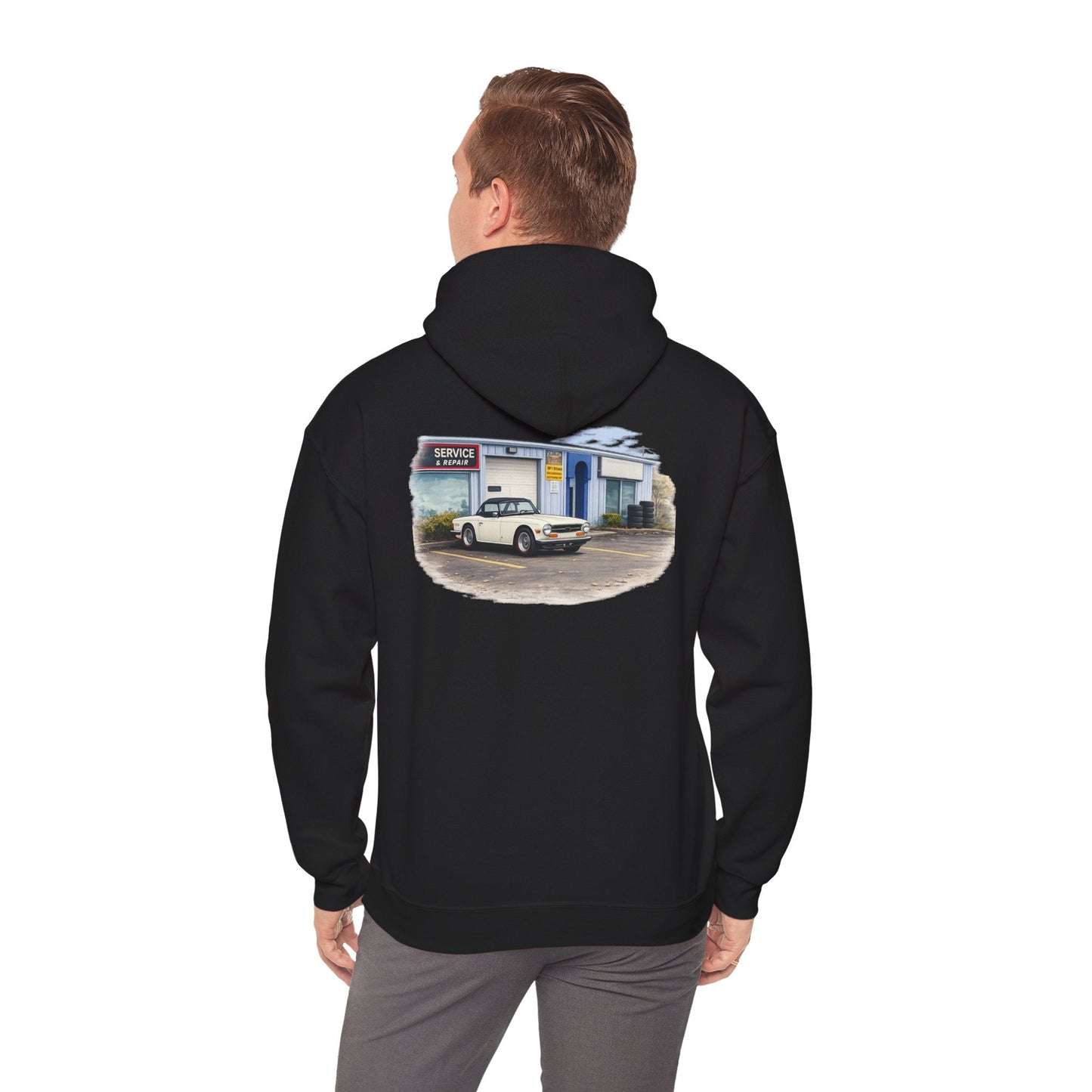 Classic Vintage Car Hooded Sweatshirt – Retro Service Station Graphic Hoodie