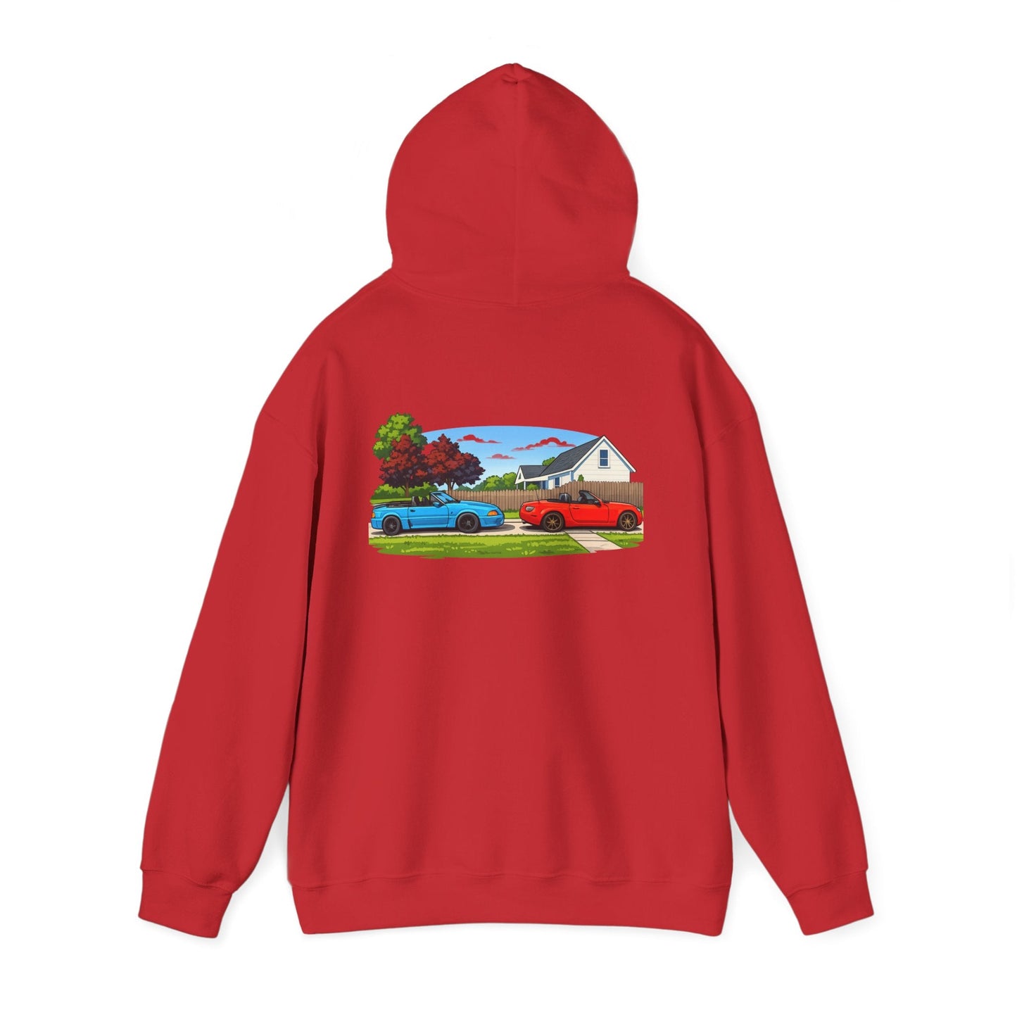 Classic sports cars Hoodie — Vintage Red & Blue Trucks Home Scene