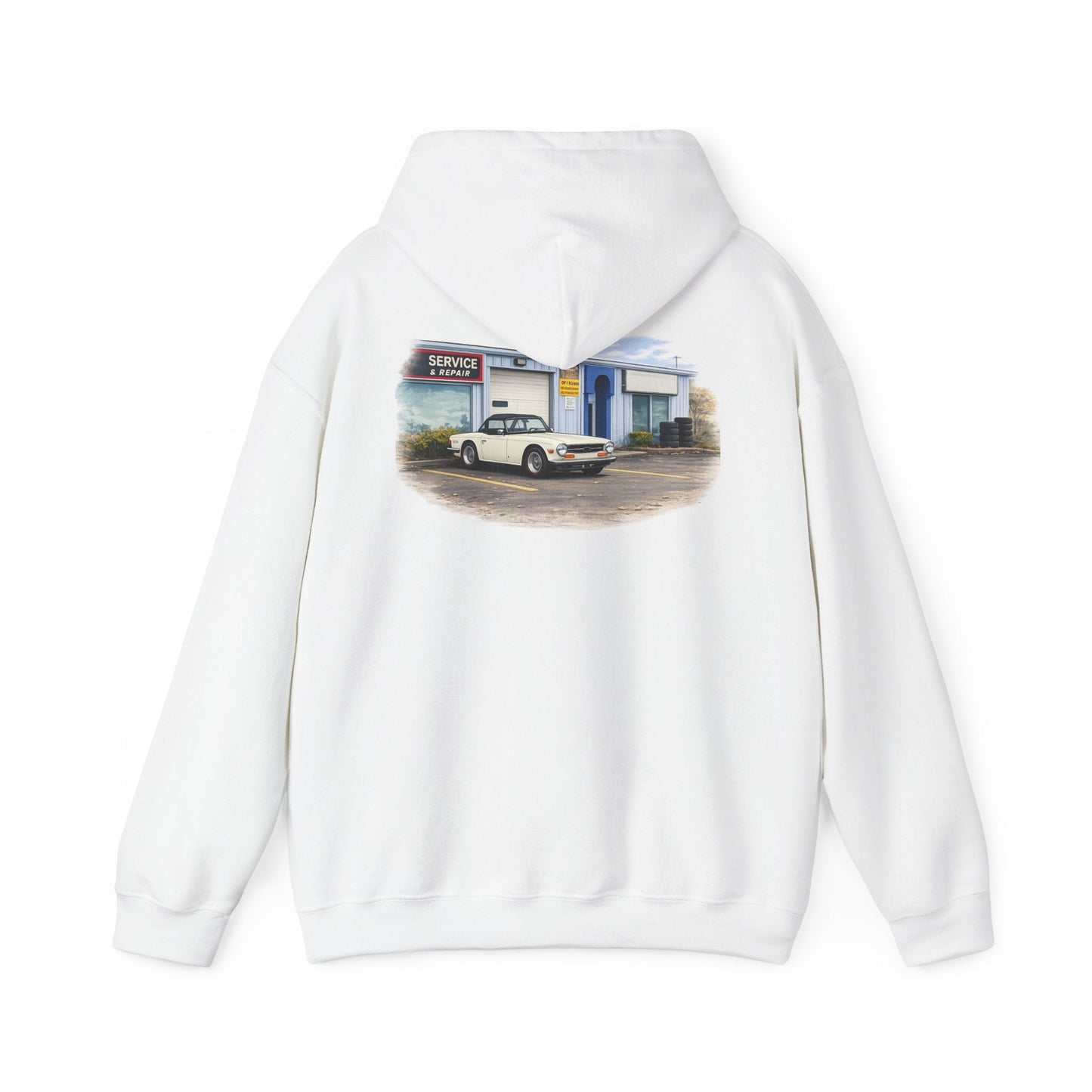 Classic Vintage Car Hooded Sweatshirt – Retro Service Station Graphic Hoodie