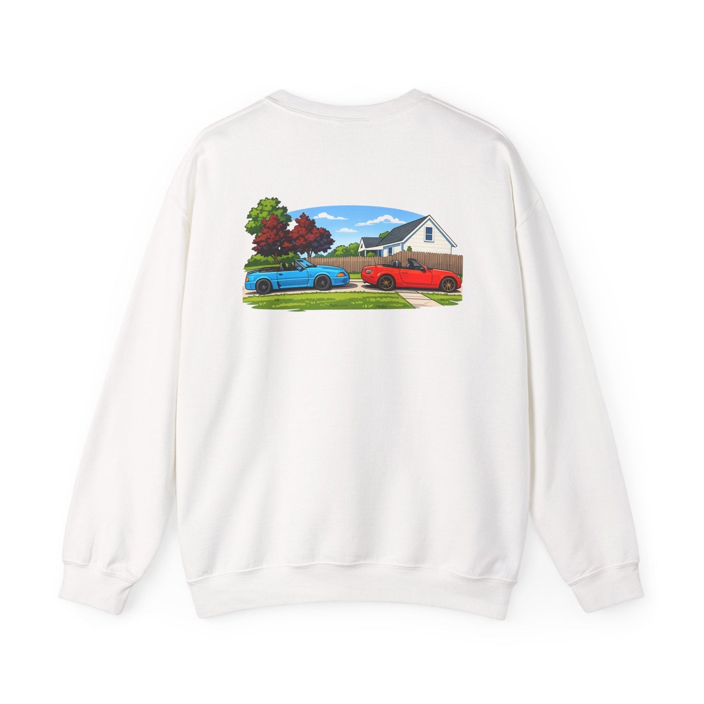 Car Meet Crewneck Sweatshirt — Vintage Muscle Cars Backyard Scene