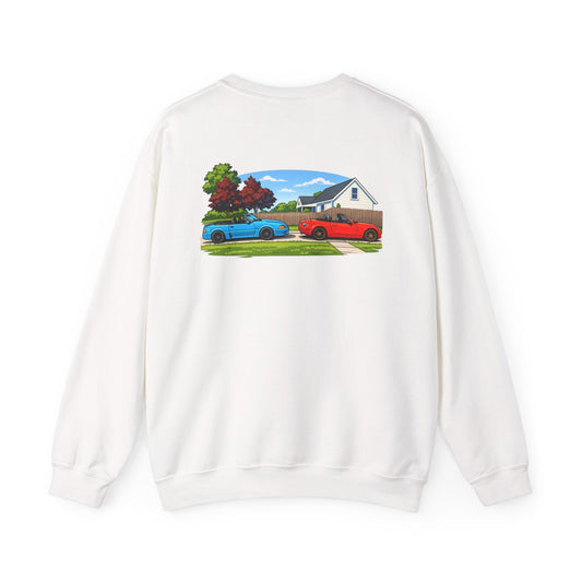 Car Meet Crewneck Sweatshirt — Vintage Muscle Cars Backyard Scene